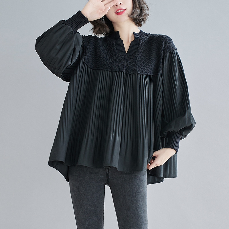 ケーブルニット プリーツキーネック 異素材 ドッキングチュニック 長袖 2色 OHCA0157