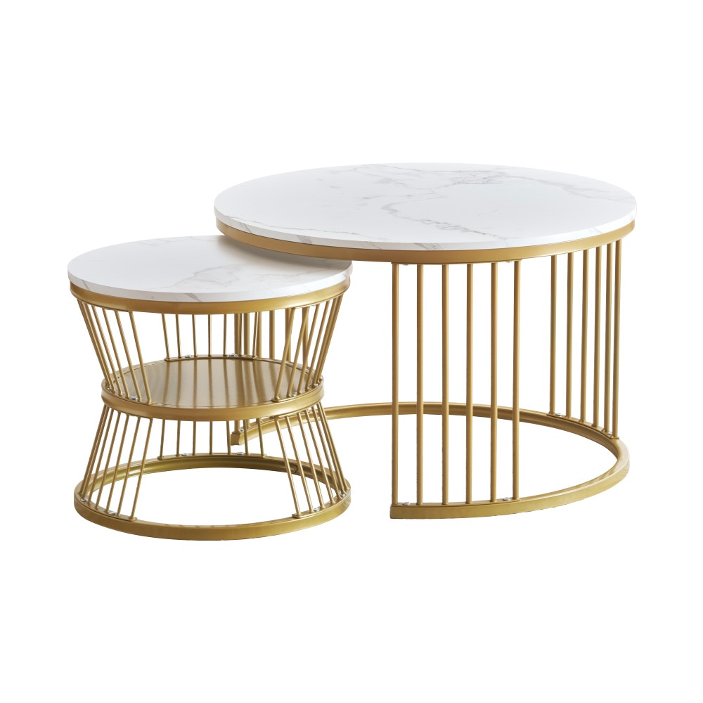 E67【新作登場】センターテーブル テーブル ローテーブル 大理石調 波紋 収納付 おしゃれ 入れ子式 円型 丸型 2個セット 鏡面 光沢感 収納付 組み合わせ自由【ホワイト＋ゴールド】