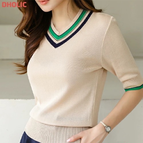 配色Vネックハーフスリーブニット