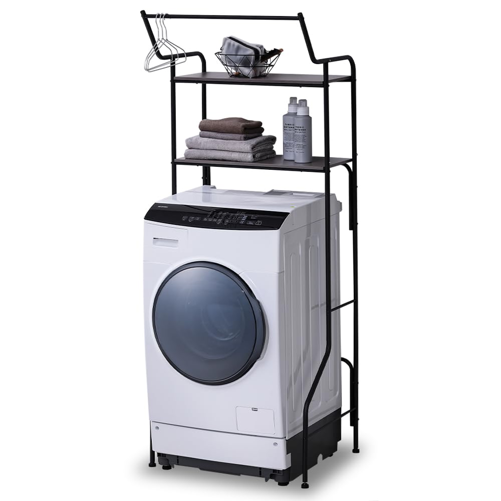 即日発送 アイリスオーヤマ ランドリーラック 洗濯機ラック ハンガーバー付き幅固定タイプ(70cm) ブラック デッドスペースを賢くおしゃれに活用 収納棚 隙間収納 高さ調節自由自在 2枚の可動棚で収