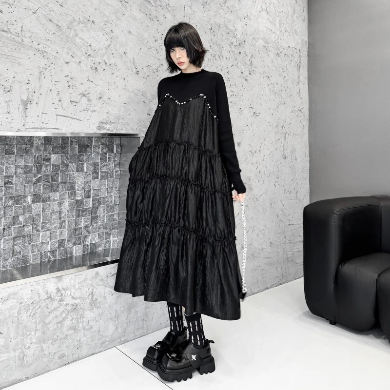 2025秋 ニットドッキング ロングワンピース おしゃれ レディース ロングワンピース 関連商品購入可能