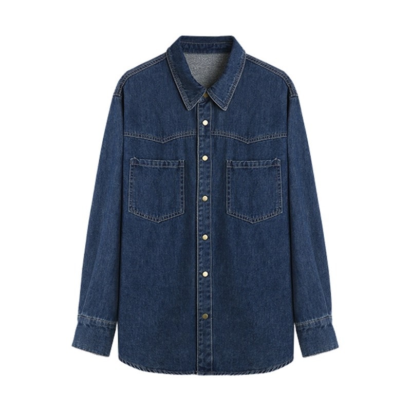 レディース トップス シャツ ブラウス デニム 羽織 長袖 ドロップショルダー 襟付き 角襟 オーバーサイズ ポケット 前開き ボタン アメカジ ブルーデニム シンプル カジュアル 上品 おしゃれ