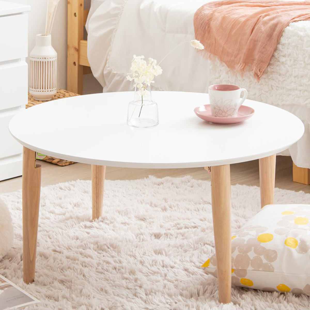 ローテーブル 幅75cm 折りたたみ 丸 木製 天然木 リビングテーブル センターテーブル 円形 丸テーブル 完成品 白 北欧風 ナチュラル おしゃれ