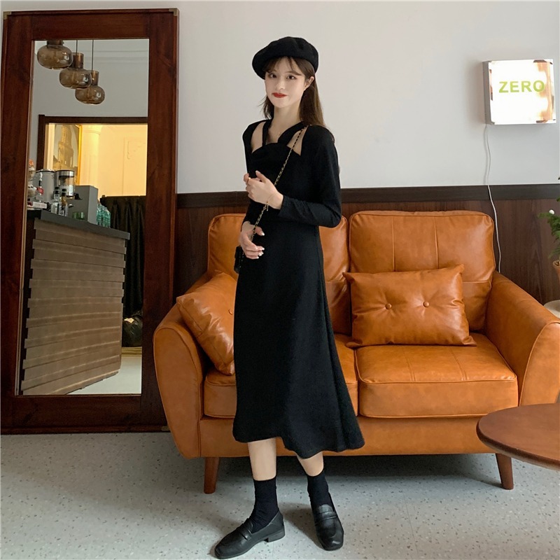 ワンピース フレアワンピース ミモレ ミモレ丈 アンクル丈 袖あり 長袖 Vネック ホルターネック ハイウエスト リブ かわいい 大人可愛い きれいめ おしゃれ お洒落 かっこいい レトロ キュート