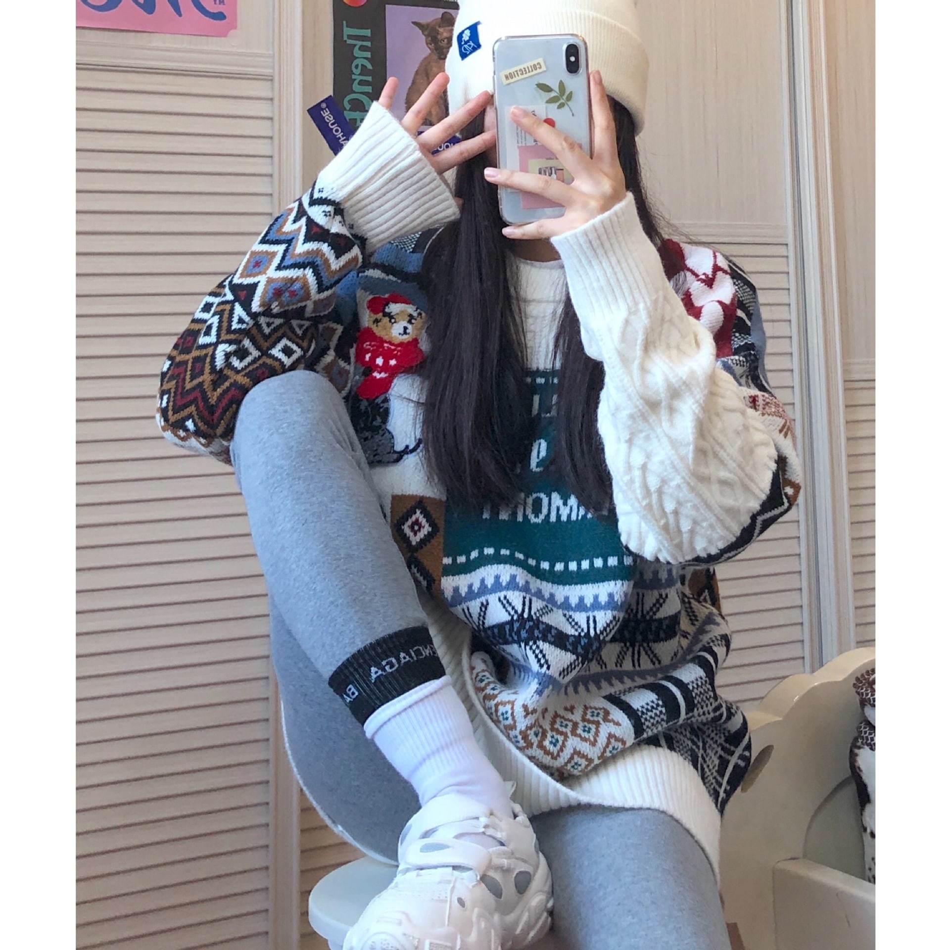 2024レイジースタイルクリスマスベア長袖プルオーバーニットセーター