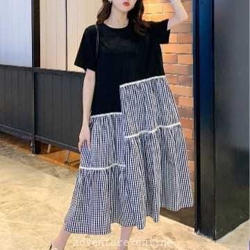 【2025新作入荷】ワンピース レディース ミモレ丈 黒 半袖 ギンガムチェック ワンピ アシンメトリー 大人可愛い 大きいサイズ カジュアル コーデ 夏ワンピ