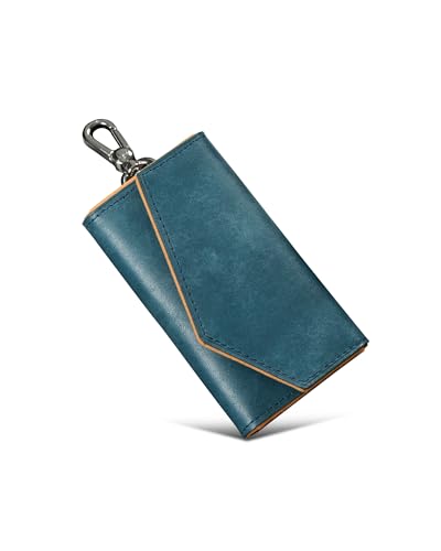 [Kawaoto] キーケース メンズ 4連フック プエブロレザー 日本製 本革 カード2枚 お札1枚 カラビナ key case 多機能 スリム プレゼント クリスマス (紺色)