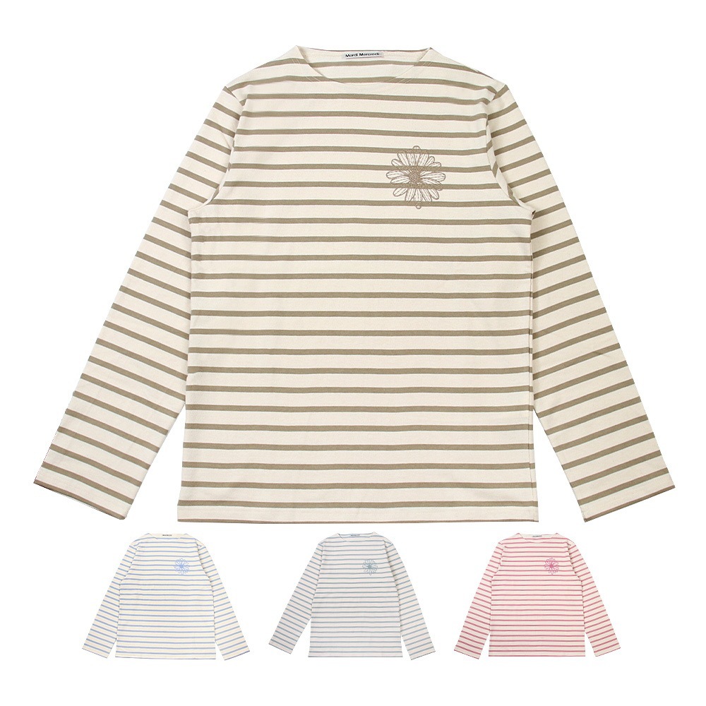 Tシャツ TSHIRT LONG SLEEVE STRIPE 長袖 レディース 韓国 ファッション アパレル 刺繍ロゴ