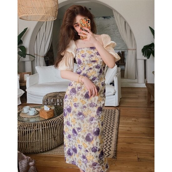 【取寄：納期2週間】ワンピースドレス 半袖 ハイウエスト ランタンスリーブ ミドル丈 レトロ お呼ばれ ガーリー フェミニン 花柄 レディースワンピース タイトスカート パフスリーブ きれいめ