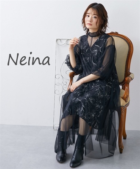 ドレス 結婚式・パーティー・オケージョンドレス プリント重ね使いチュールワンピースドレス 大きいサイズ有 Neina