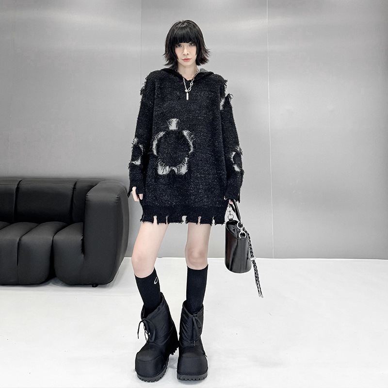 【J.Fashion】 ダメージ ニット フード付き おしゃれ パーカー レディース セーター ニットワンピース 関連商品購入可能 メガ割