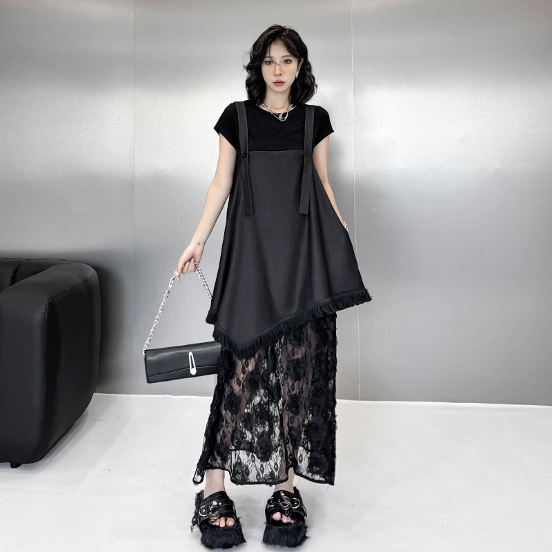 【J.Fashion】 デニムドッキング レースワンピース 夏 調節キャミ付き ゆったり レディース ロングワンピース