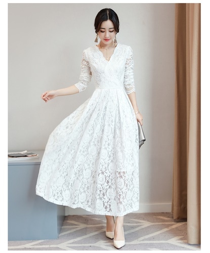 1403. Vネックレースロングドレス（ミルキーホワイト） 2019 春夏 sale 結婚式 ドレス 二次会 フォーマル パーティードレス 大人 披露宴 お呼ばれ 発表会 同窓会