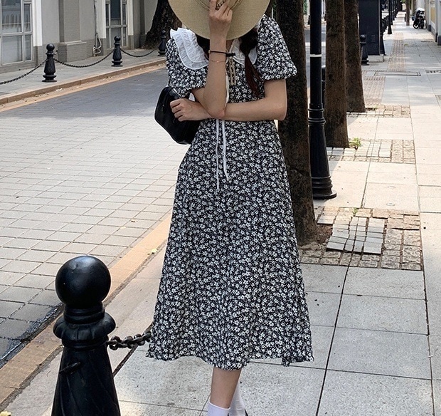 2色 ワンピース 半袖 夏 きれいめ カジュアル かわいい ロング aライン Aライン フレア フレアスカート 膝下 ミディアム丈 ミドル丈 ぽわん袖 ボリューム袖 パフスリーブ Vネック 深 Vネッ 5,863円