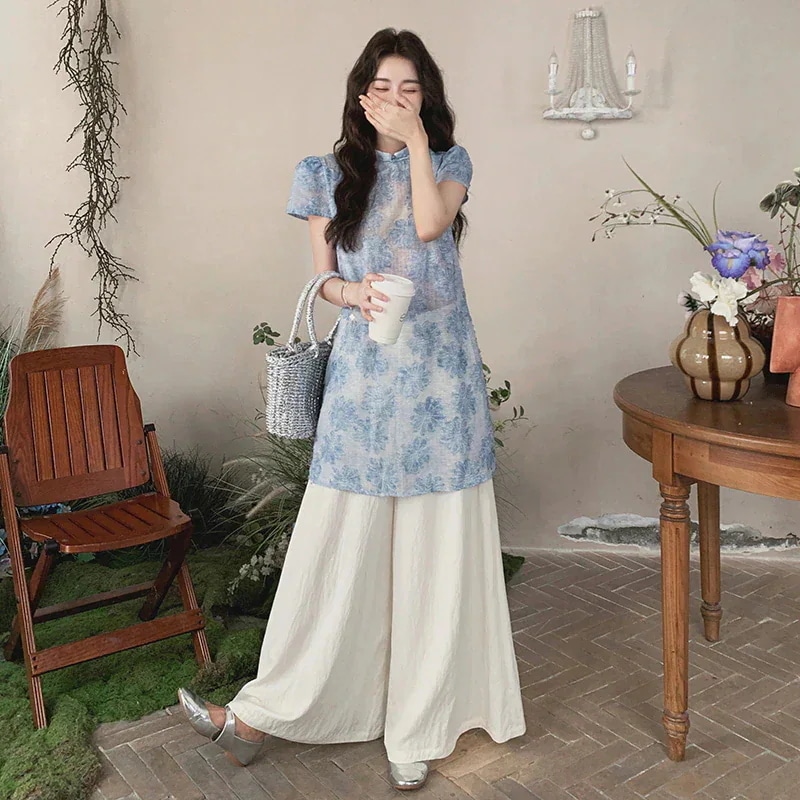 セットアップ 2点セット レディース 風 半袖+ワイドパンツ おしゃれ 韓国ファッション きれいめ