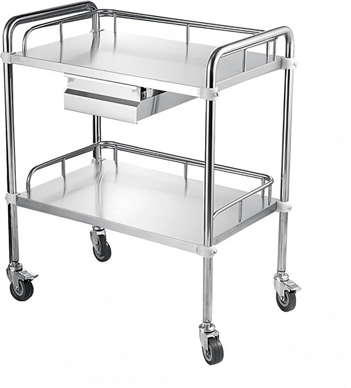 医療用ワゴン 医療用カート キャスター付き 40x60cm 耐荷重80kg 回診車 ステンレス 引き出し付き ブレーキ可能 処置カート (シルバー, 幅60x奥行き40cm)