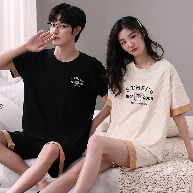 モーダルカップルパジャマ夏半袖 2024 新しい女性と男性の夏アイスシルクホーム服セット