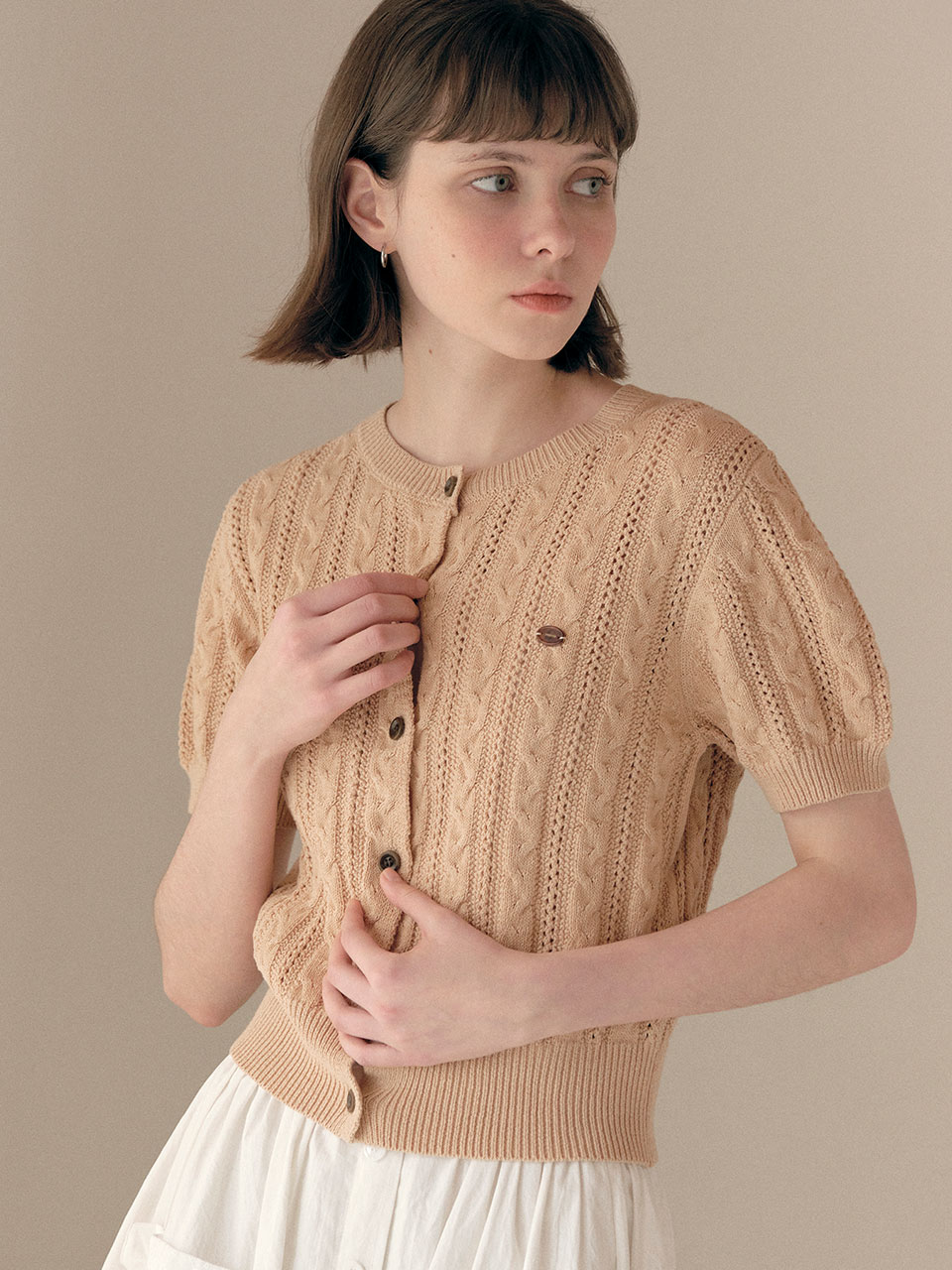 ROUND CABLE HALF CARDIGAN BROWN