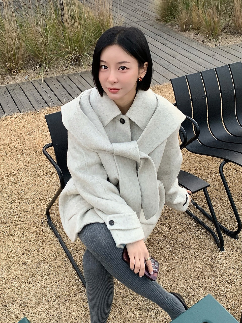 YUPPE フード付きネクタイハンドメイドコートオートミール