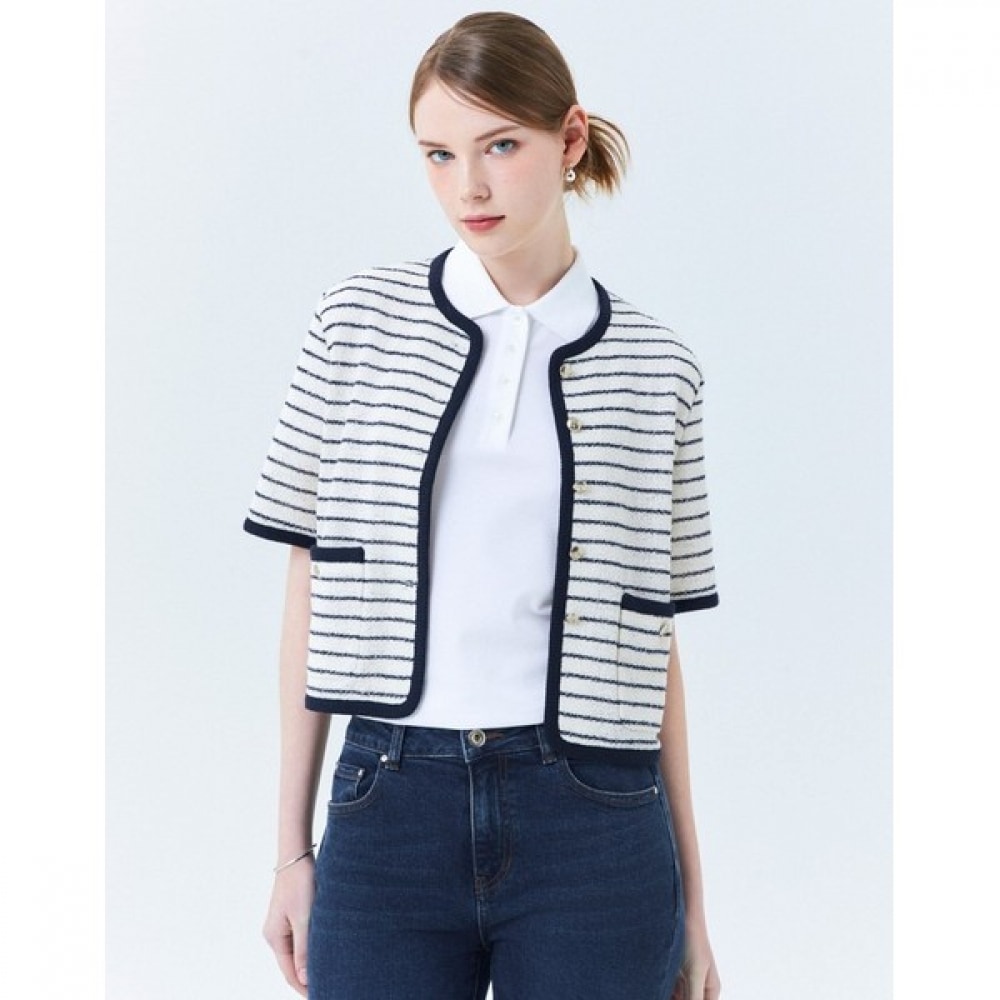 (ヘッジズレディース) 24SS ホワイトストライプコットンブレンドショートスリーブジャケット HSJA4B403OW