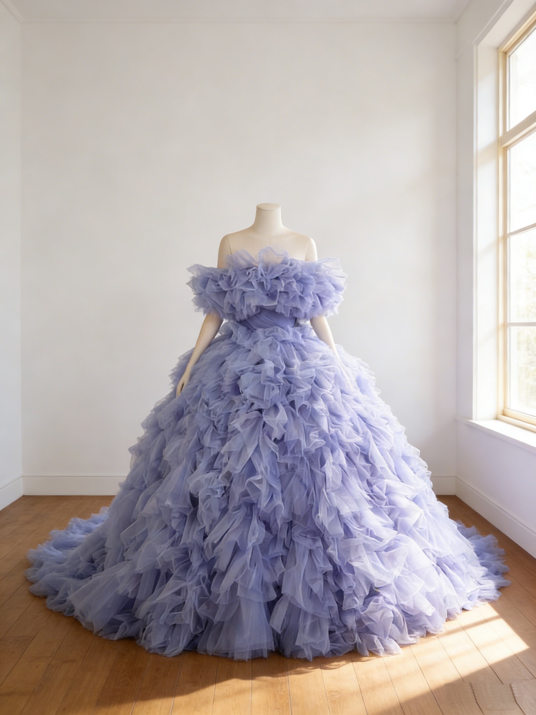 カラードレス オーキッド もこもこドレス オフショルダー 華やかなトレーン 結婚式 前撮り