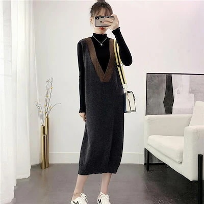 韓版風 ゆったりスタイル ロング オーバーニー セーター サスペンダー スカート レディース ゆったり