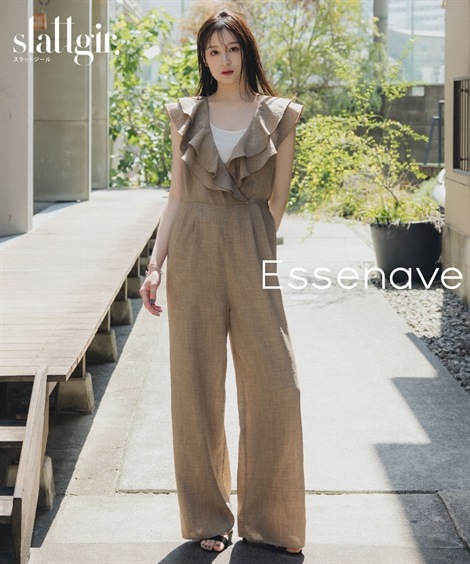 サロペット 高身長　ソフト麻調フリルデザインサロペット トールサイズ Essenave