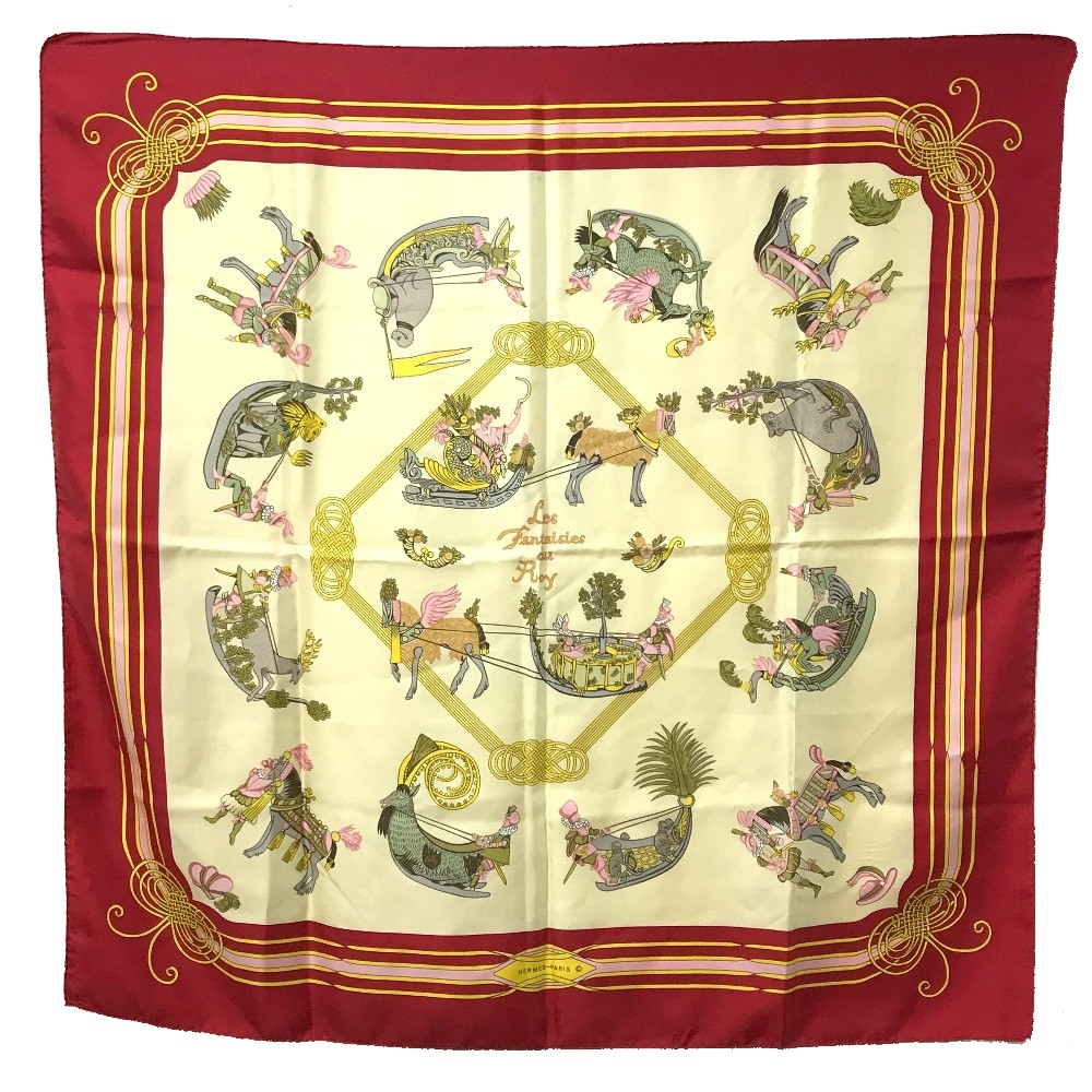 スカーフ カレ90 Les fantaisies du Roy シルクスカーフ シルク100% レッドイエロー系
