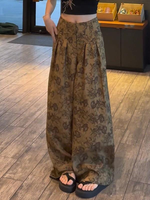 レディース ファッション オシャレ カワイイ シンプル 人カワイイ きいサイズ プリント ハイウエスト パンツ ワイド レッグ