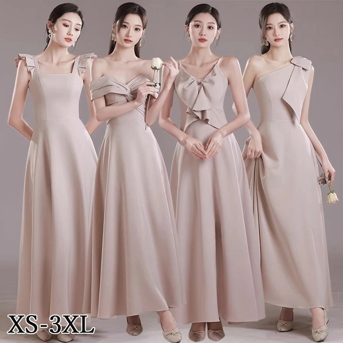 ブライズメイド ドレス ロングドレス サテン 演奏会 ピアノ発表会 スクエアネック Aライン ワンピース レディース 袖付き ゆったり リゾート 海 サマー 春夏きれいめ 大きいサイズ 小さいサイズ