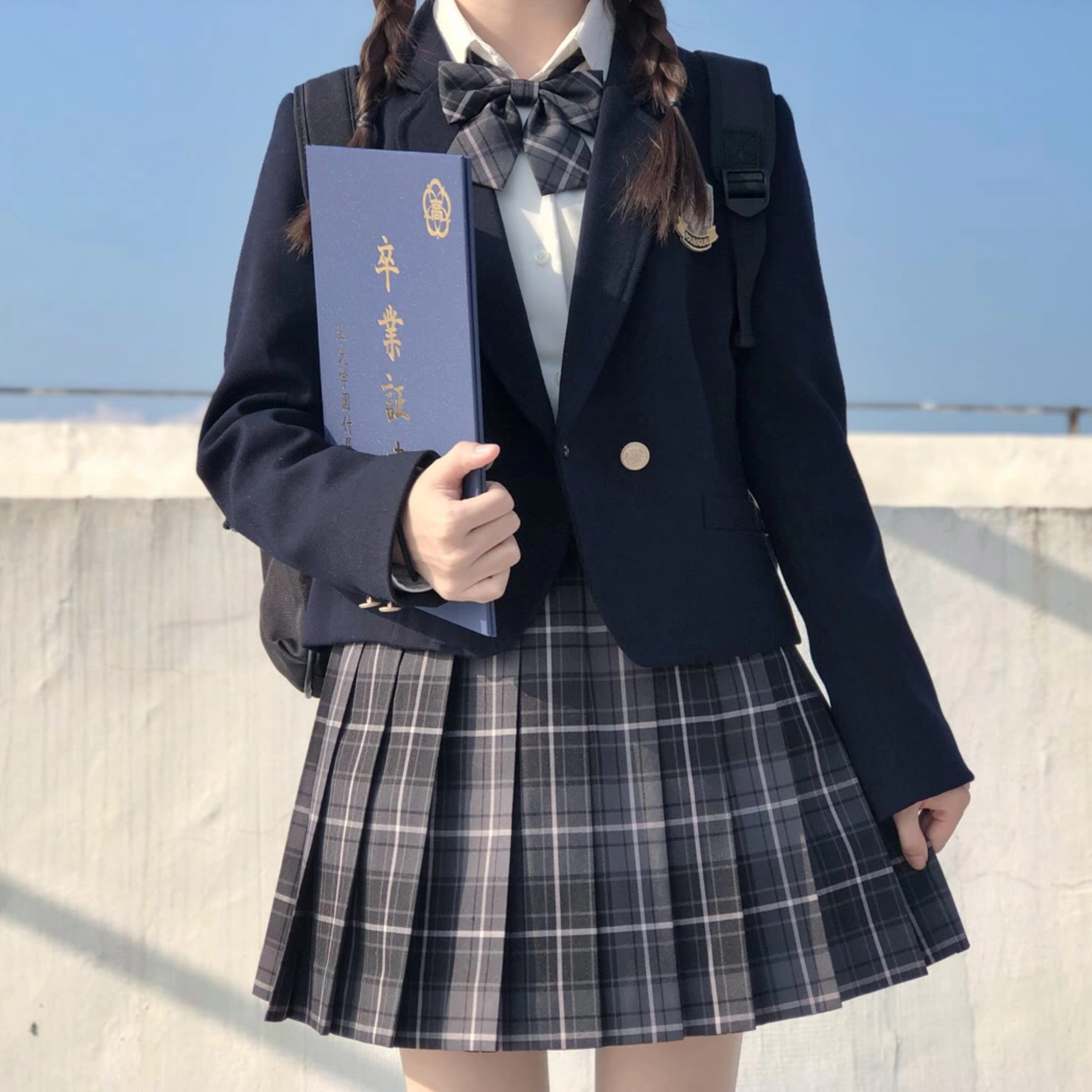 4点セット(ブラックブレザー+スカート+リボン+ブラウス) 制服スクールスウィートティーン ジャケットJKイベントチェックスカートアウターコート高校生中学生学生制服 卒業式入学式冬秋春夏