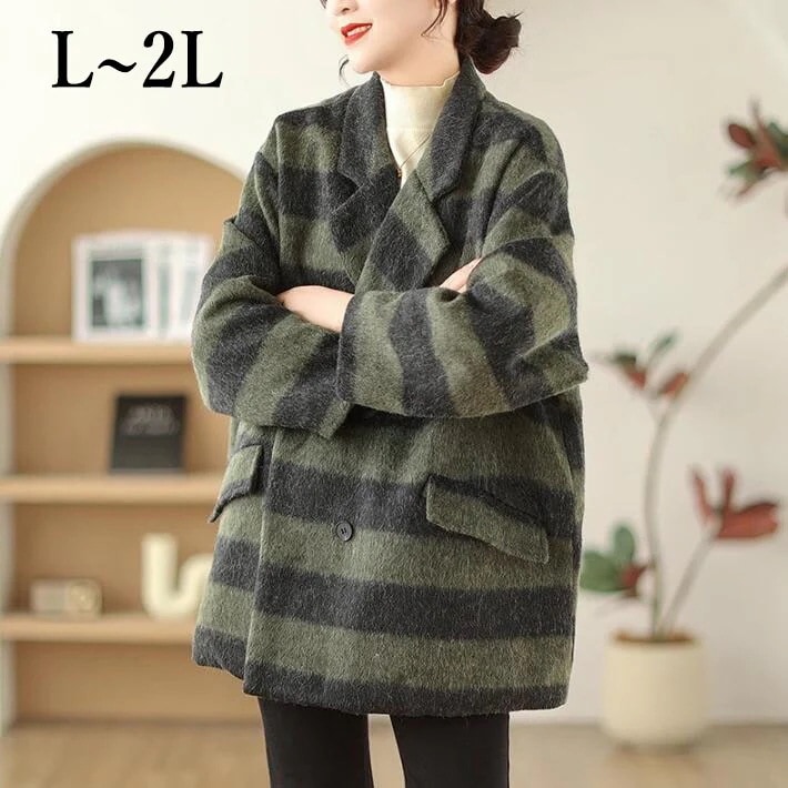 Pコート　レディース　ピーコート ショート丈　ダブルコート コート　アウター ハーフコート　ボーダー　ダブルボタン　大きサイズ　厚手　シンプル 秋冬 L　2L今日は30パーセント