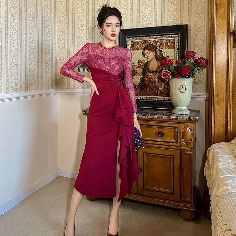 【JY.上品】 秋冬 レース フリル ワンピース スリット パーティードレス キャバ 着痩せ 大人 お呼ばれ 同窓会 披露宴 卒業式 結婚式 ウェディング 二次会