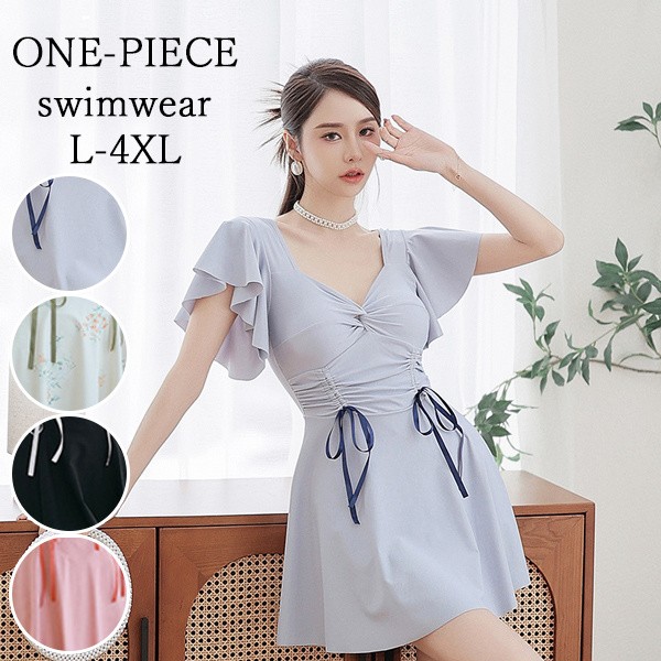 水着 レディース ワンピース 体型カバー水着 大きいサイズ ぽっちゃり かわいい おしゃれ フリル袖 ハイウエスト 露出控えめ カットアウト カッティング 二の腕 お尻 太もも お腹 カバーアップ