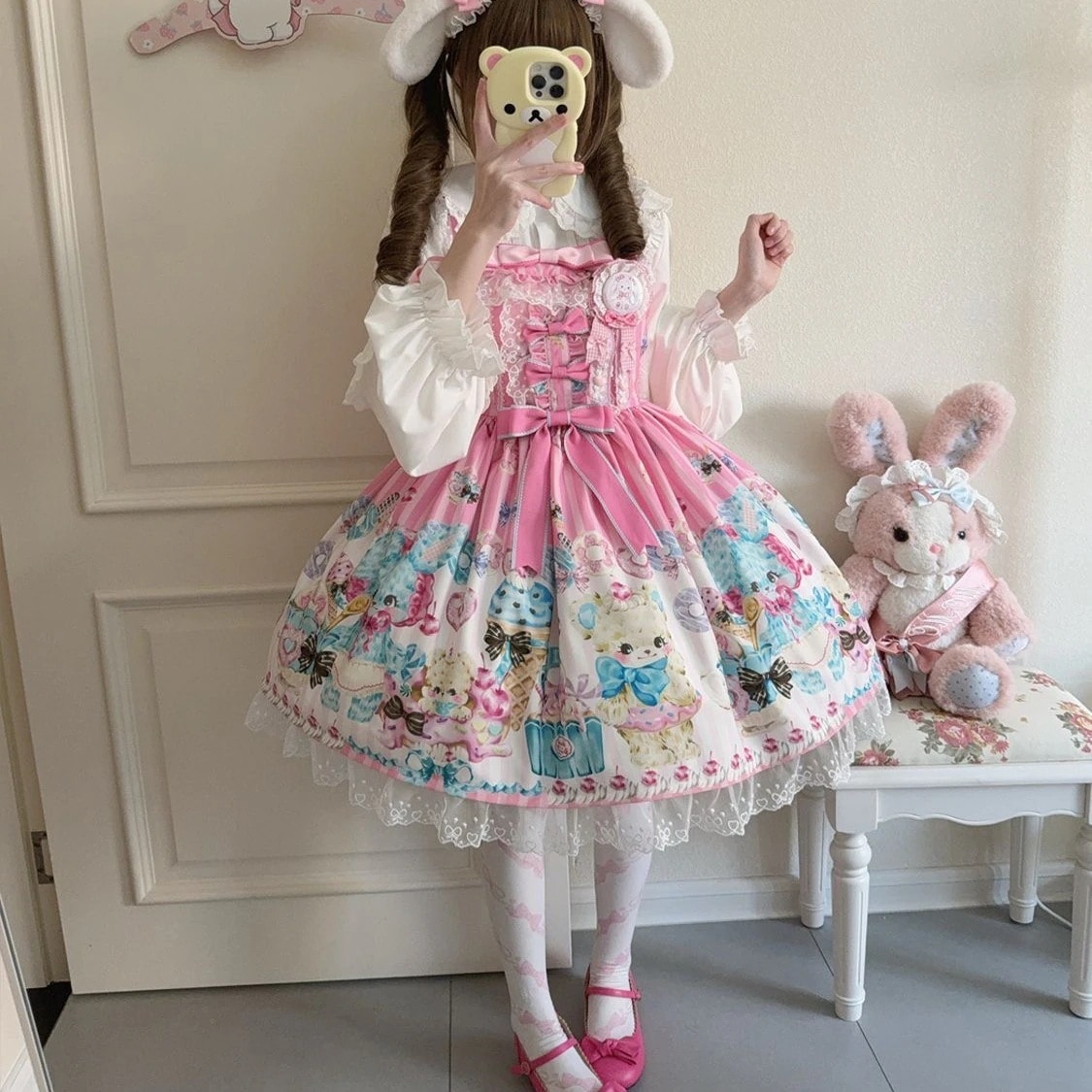 Lolita夏自作熊かわいいjskワンピースロリータ大童ストラップセットスカートローリ洋服