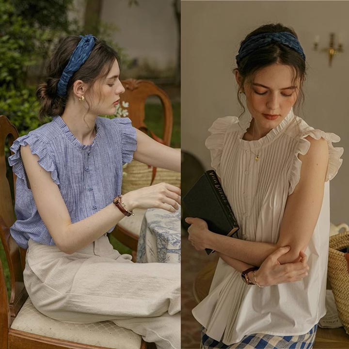 レディーストップス シャツ ブラウス カットソー フリル袖 前ボタンノースリーブ 袖フリル チェック ヘンリーネック プリーツ 前ボタン ブルー ホワイト 無地 可愛い カジュアル 涼しげ