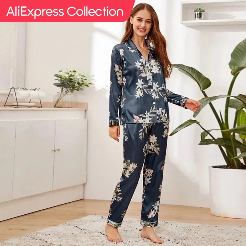Aliexpressコレクション秋パジャマ女性シルクサテンパジャマセット長袖トップスとズボンツーピースセットパジャマ 4,724円