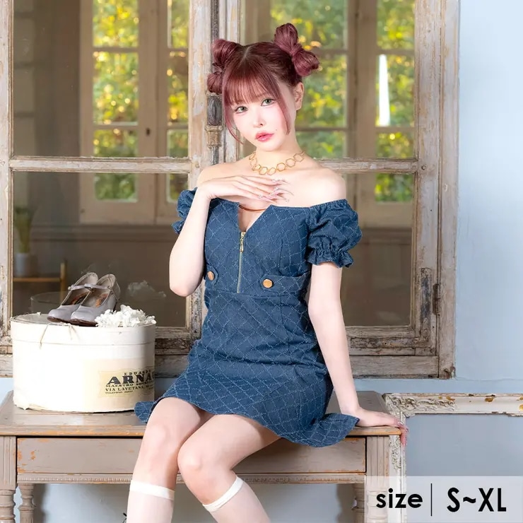 Tika キャバドレス 立体ダイヤデニム×パフスリーブフレアミニドレス ガーリードレス 袖あり 半袖 ハーフジップ バストカット オフショル ハイウエスト S-XLサイズ 大きいサイズ ブルー 戦慄か