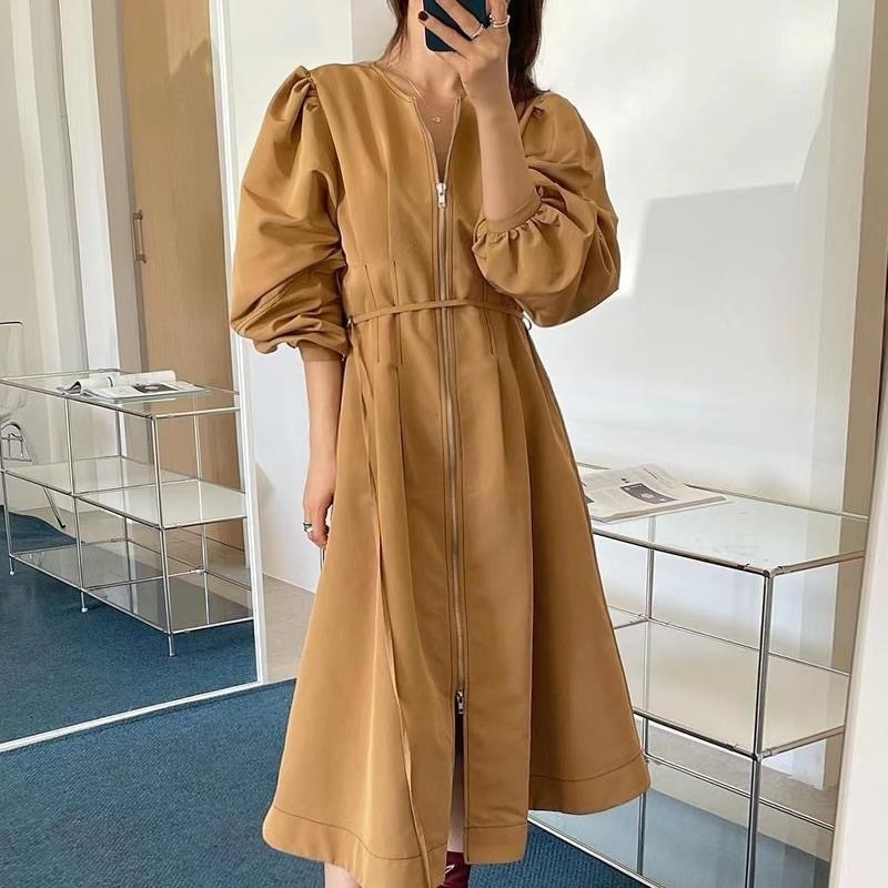 ワンピース ラウンドネック ジッパー プリーツスカート ミドル丈 ルーズ 長袖 韓国 レディース かわいい 可愛い 大人可愛い 大人女子 きれいめ シンプル カジュアル 大人 上品 おしゃれ