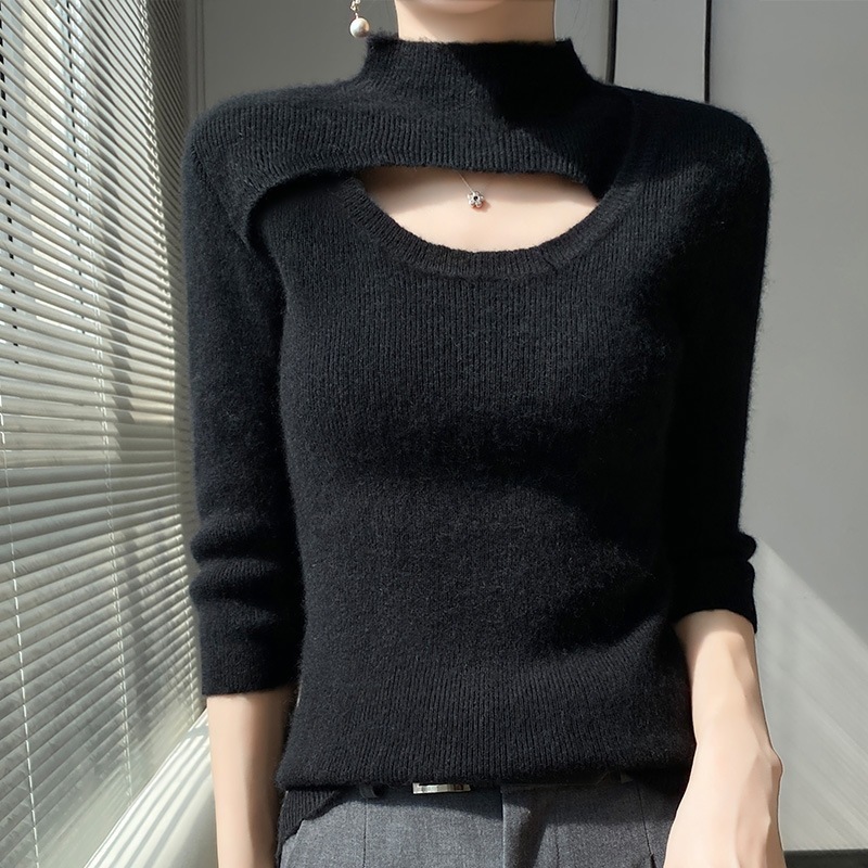 ハイネックニット 個性的 胸元オープン セクシー カラバリ 白 黒 韓国 レディース オルチャン トップス ニットソー セーター 袖あり 7分袖 七分袖 ハイネック タートルネック タイトニット