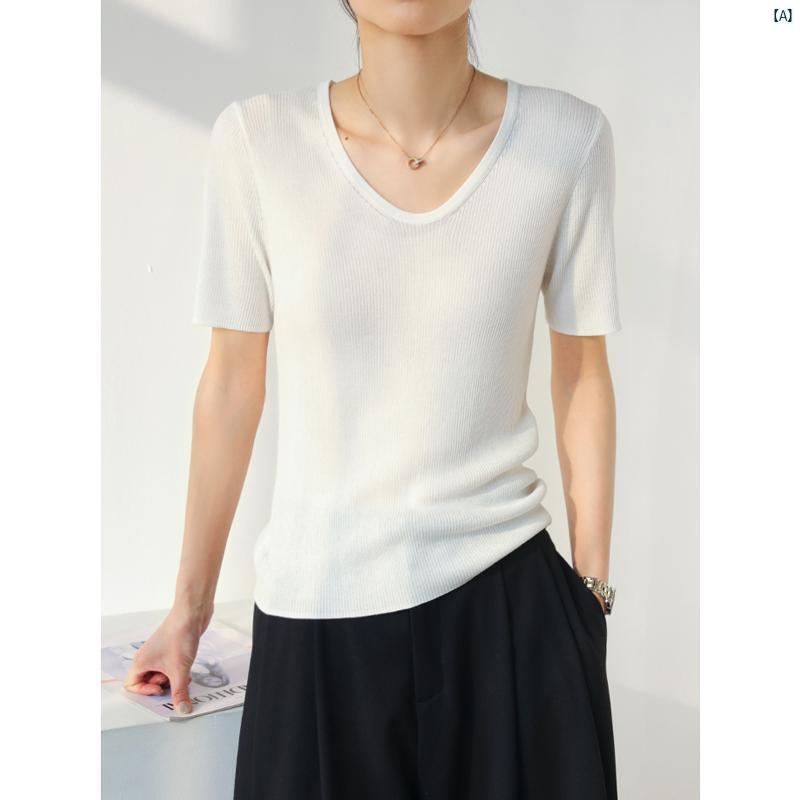 レディース ファッション　レディース　カジュアル　上品　綺麗　外出 Vネック 薄手 テンセル スリム 半袖 ボトム Tシャツ 春夏 ブライト ニット インナー プルオーバー トップス ピンク