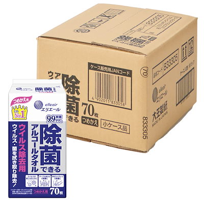 他サイト： エリエール ウェットティッシュ 除菌ウイルス除去用 アルコールタイプ ボトル つめかえ用 70枚×9 【ハーフケース】 【Amazon.co.jp限定】の商品画像