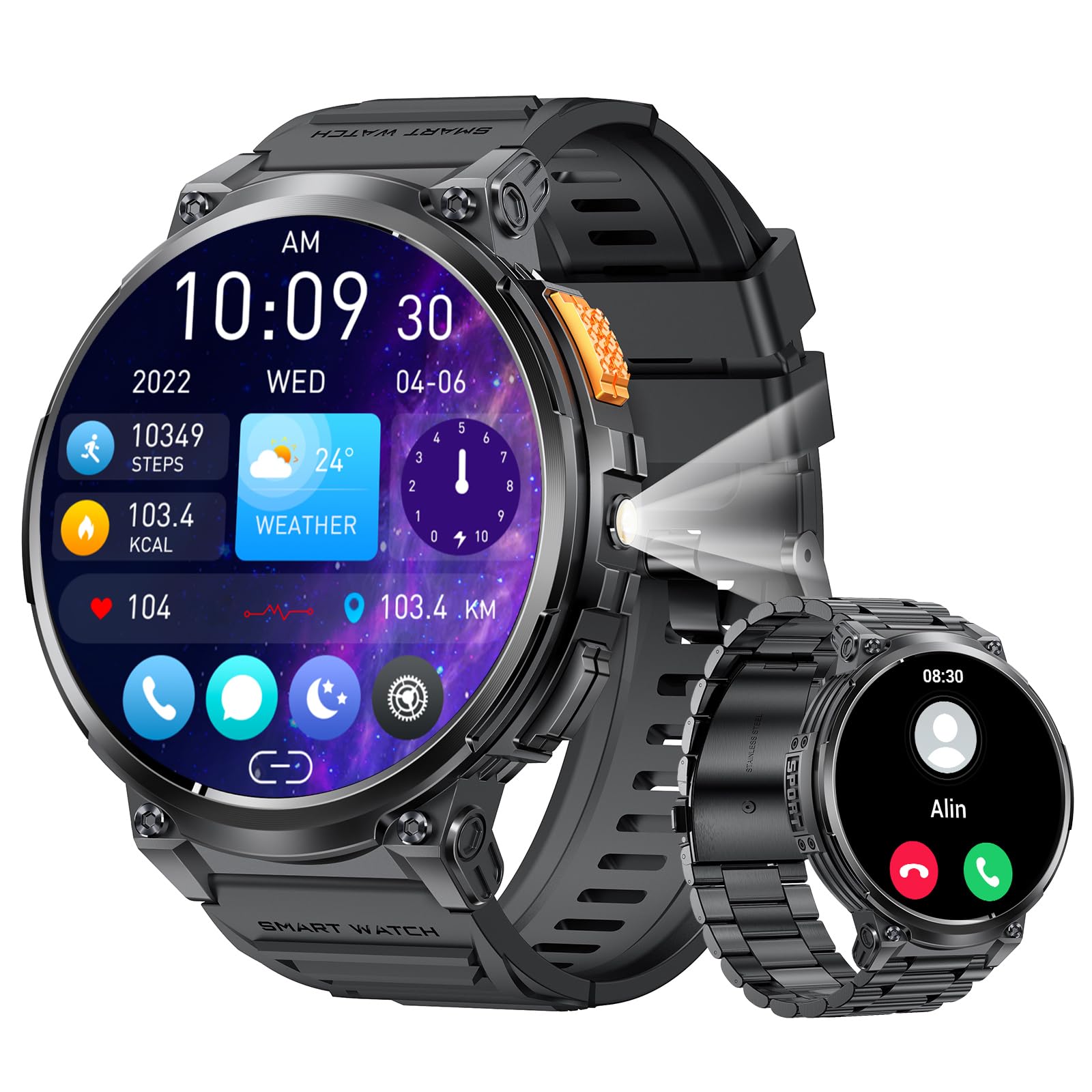 スマートウォッチ 2024業界新登場 腕の懐中電灯 1.85インチ大画面 Smart Watch 2種バンド付き IP68防水 天気予報 730mAh長持ちバッテリー 着信/SMS/Twitter/L
