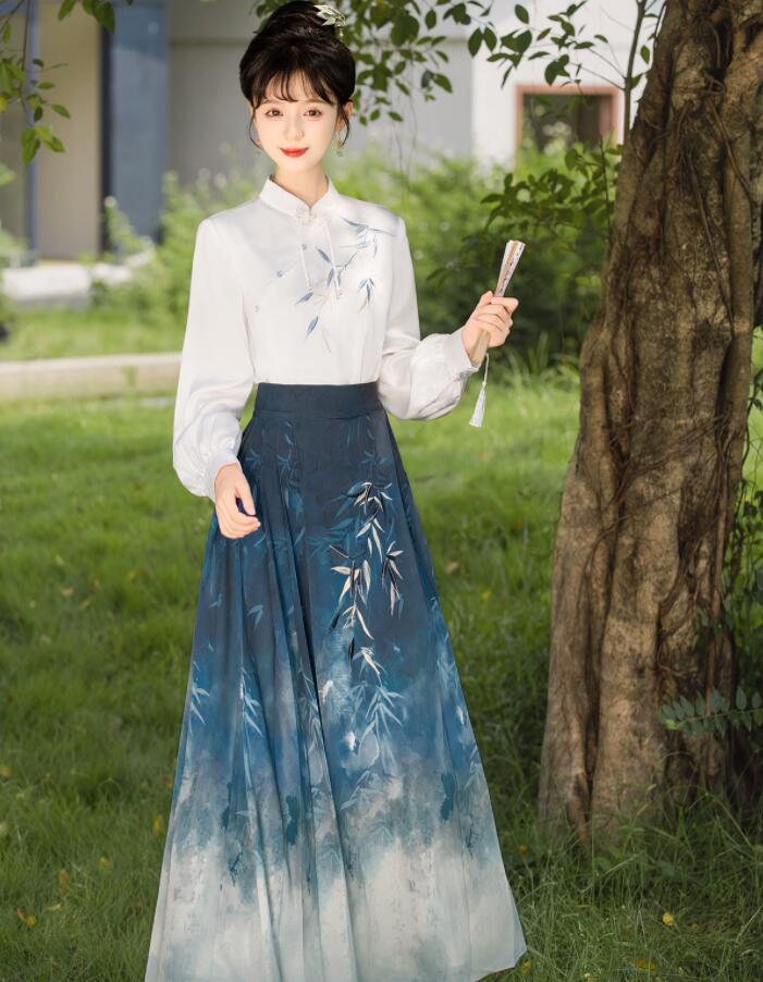 レディース 漢服 女性 ハロウィン コスプレ衣装 漢元素 ブラウス 馬面スカート 上下セット 丈柄 改良版漢服 ロング丈スカート 学園祭 文化祭 イベント 撮影衣装 おしゃれ ブルー 5,970円