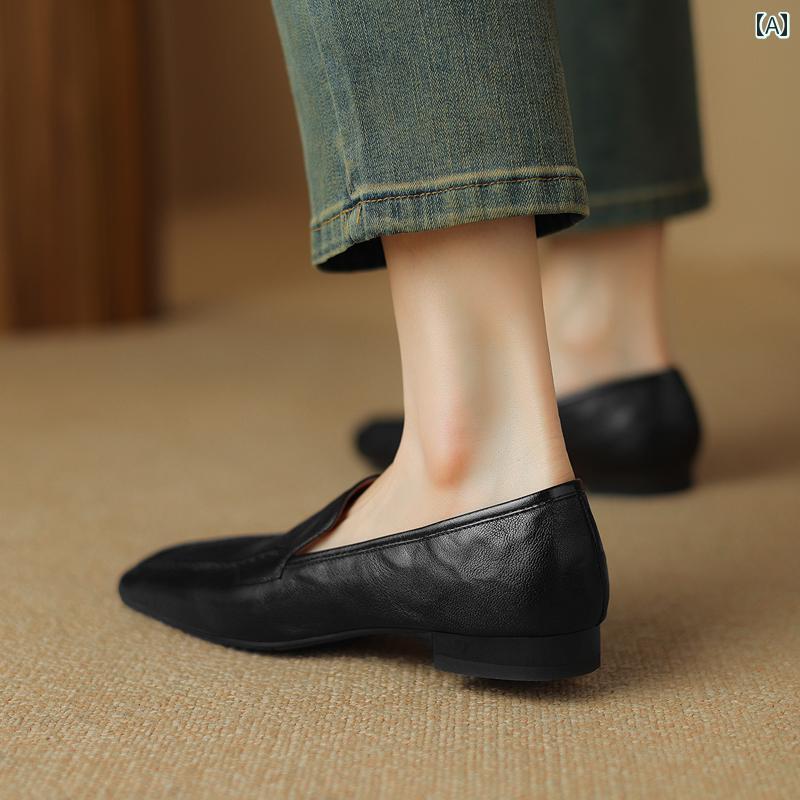 ローファー レディース オフィス 通勤 仕事 レトロ シープスキン ソフトレザー 深口 ローヒール 靴 女性 スクエアトゥ ブラウン 英国 革靴 快適 フラット