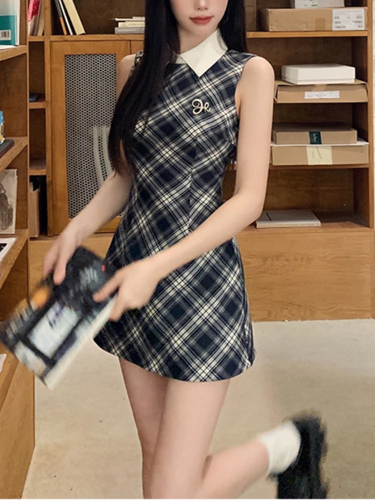 女性のためのエレガントでセクシーな市松模様のドレス,薄いレース,薄いストラップ,韓国のファッションデザイン,カワイイ,夏,2024
