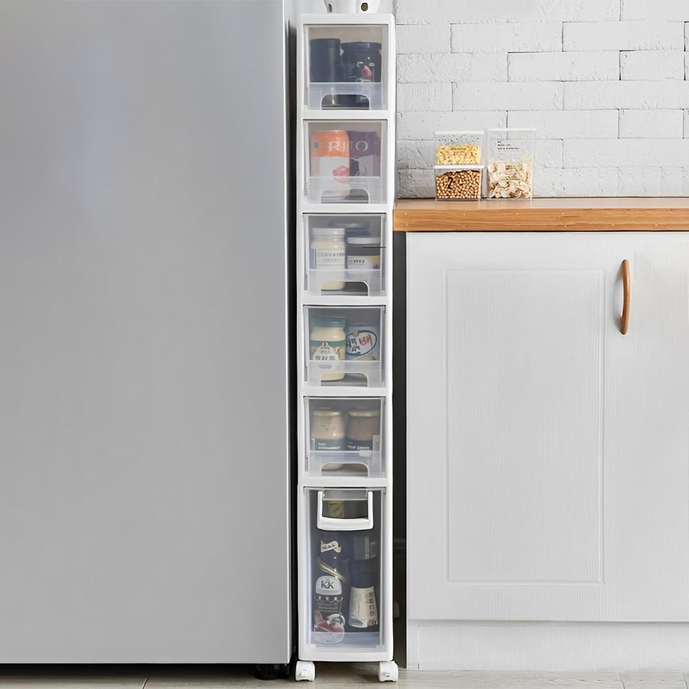 PFLife 洗面所 隙間収納 幅16cm 奥行き36cm 引き出し キャスター付き スリム すき間 洗濯機よこ隙間収納棚 隙間ストッカー ランドリー スリム 脱衣所 プラスチック半透明 (幅16cm