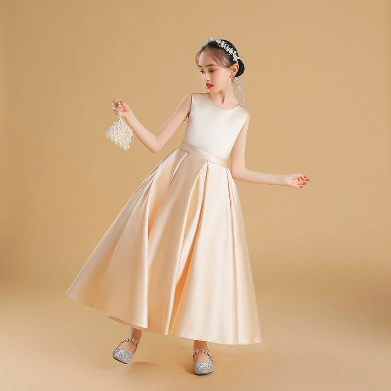 全5色 子供ドレス シャンパン色 ピアノ発表会ドレス ロングドレス サテン 演奏会ドレス 女児ドレス ネイビー 黒 オリーブ 白 女の子ドレス サテンドレス ピアノ発表会 無地 キッズドレス ブラック 5,561円