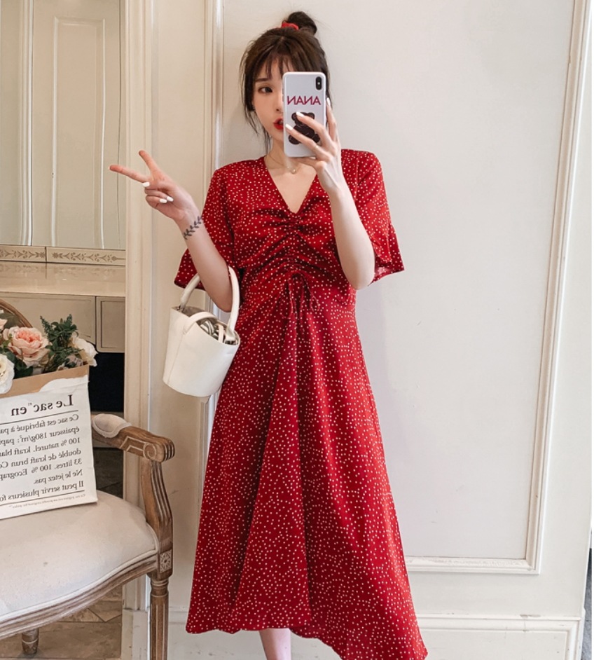 ワンピース デート モテアイテム フレアワンピース レトロ Vネック ドット柄 コットン 大人可愛い きれいめ 上品 おしゃれ かっこいい 大人可愛い ラブリー キュート ガーリー クール モード系