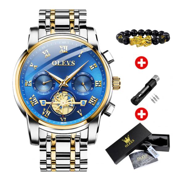 腕時計 メンズ アナログクォーツウォッチ クロノグラフ 夜光 ストップウォッチ青×金銀